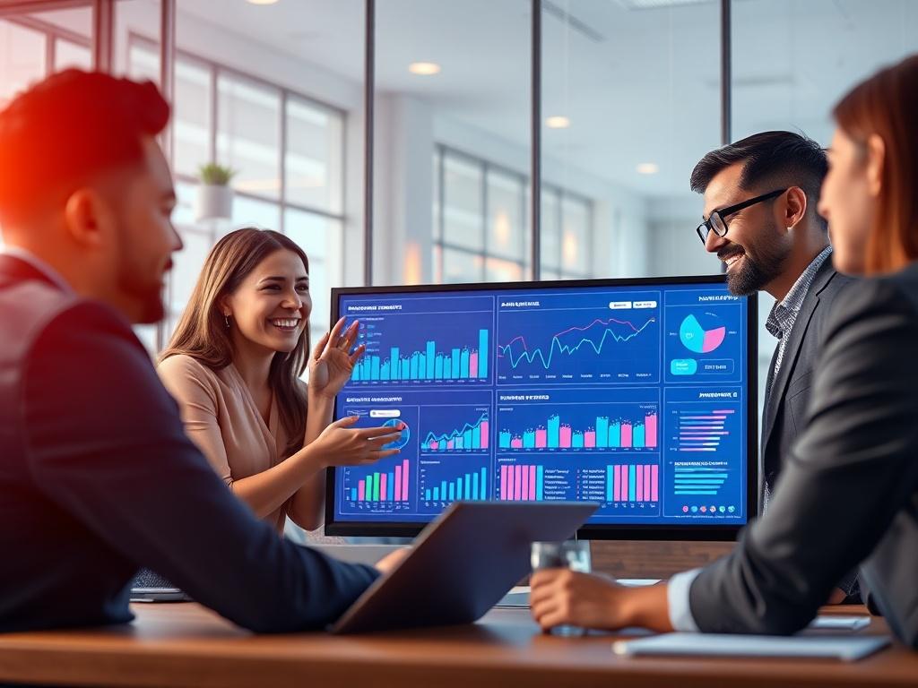 A vibrant scene showing a business meeting where team members discuss AI marketing strategies over a digital dashboard displaying analytics. The setting is collaborative and dynamic, showcasing engagement and innovation in marketing.