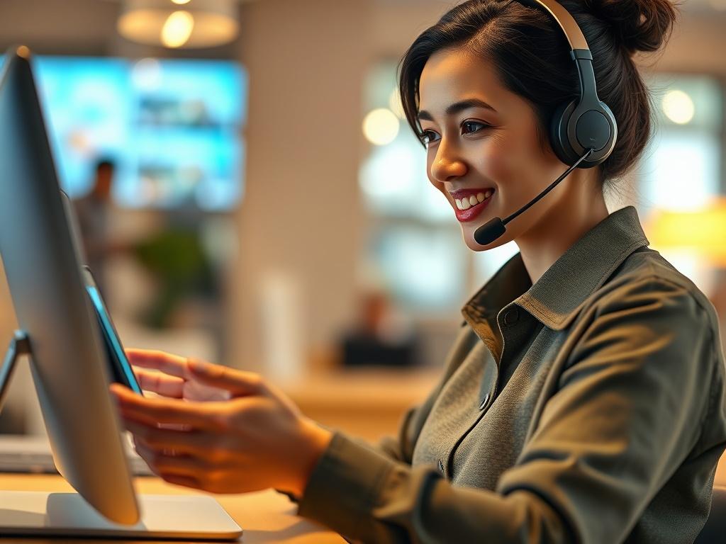 A close-up shot of a smiling customer service representative using an AI-driven support tool, assisting a customer on a digital device. The background is warm and inviting, symbolizing customer care and satisfaction.