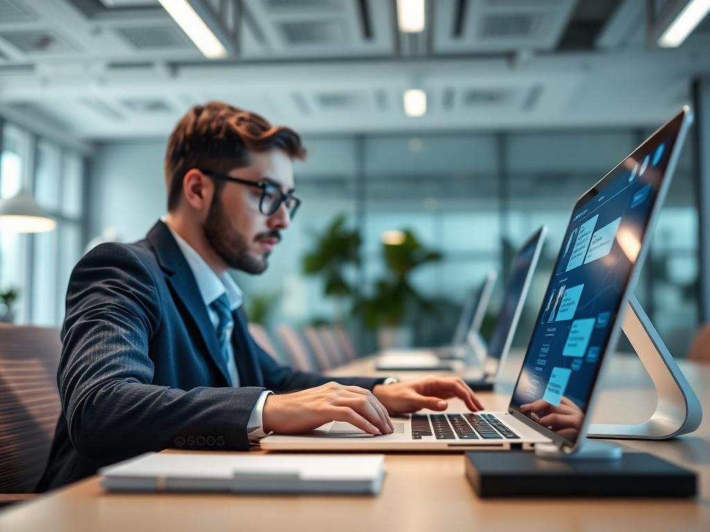 A close-up shot of a business professional working on a laptop, engaging with an AI chatbot interface, with a clean and modern office background. The atmosphere is bright and focused, emphasizing productivity. The image should reflect a sense of innovation and technology.