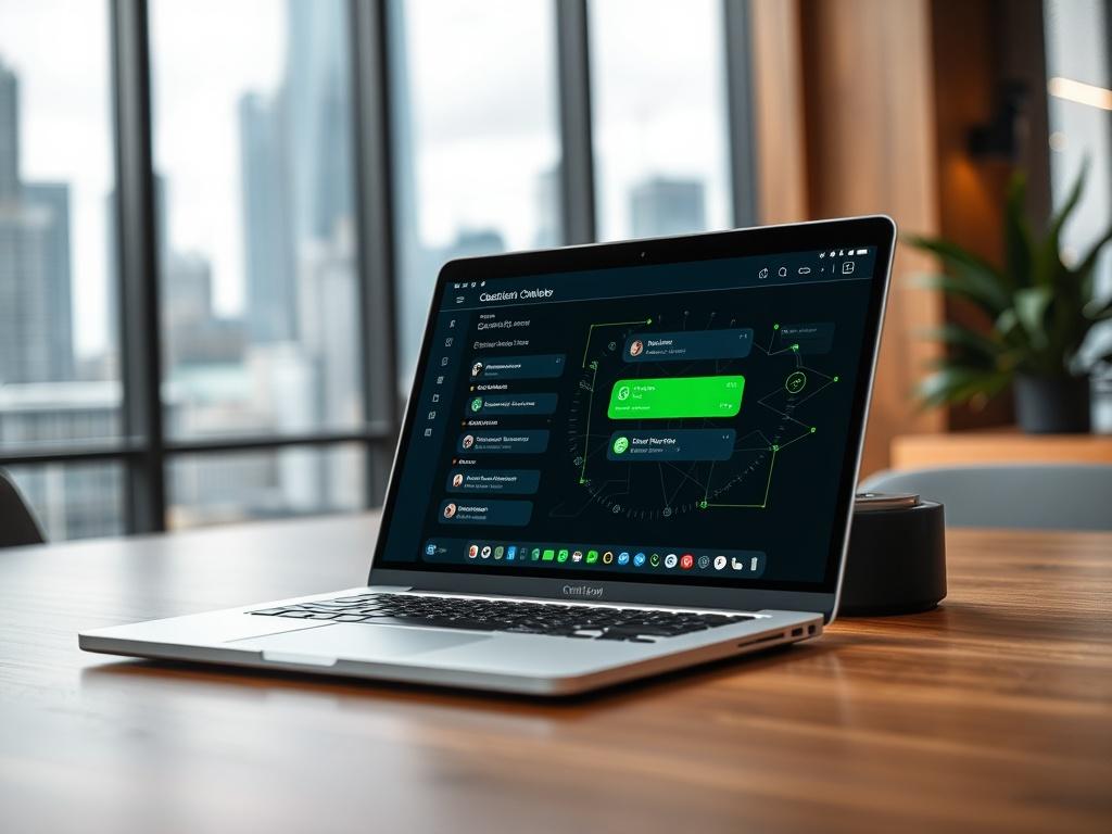 A close-up shot of a modern office desk with a sleek laptop open, showcasing a chatbot interface on the screen. The background features a blurred view of a city skyline through a large window, symbolizing innovation and technology. The color scheme incorporates elements of green to match the rgb(50, 170, 39) primary color, creating an inviting and professional atmosphere.