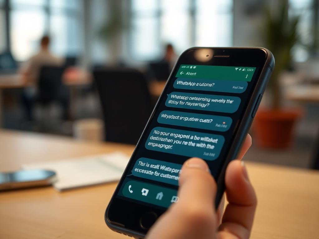 A close-up shot of a smartphone displaying a WhatsApp chat interface with automated responses, set against a blurred background of an office workspace. The focus is on the phone, highlighting the messaging feature and the engagement of customers. The image should convey a sense of modern technology and communication.