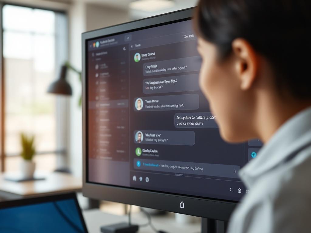 A close-up shot of a computer screen displaying an AI chatbot interface, with interactive elements and customer queries. The background should show a modern office environment, emphasizing technology and customer engagement.