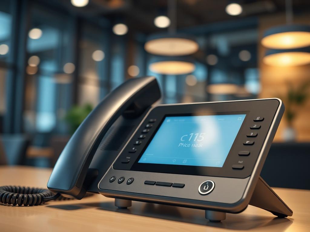 A close-up shot of a sleek, modern phone system with a Voice AI interface displayed on the screen. The background should be a stylish office environment, conveying a sense of professionalism and innovation.