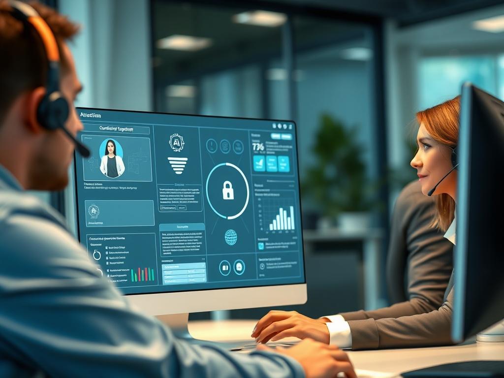 A close-up shot of a customer service representative interacting with an AI system on their computer, showcasing a dynamic support interface. The background should reflect a professional office setting, emphasizing collaboration and advanced technology.