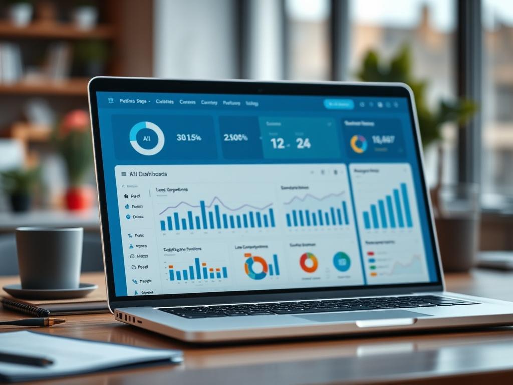 A close-up shot of a laptop displaying a CRM dashboard with AI analytics and lead generation tools highlighted. The background should show a professional workspace, emphasizing productivity and data-driven decision-making.