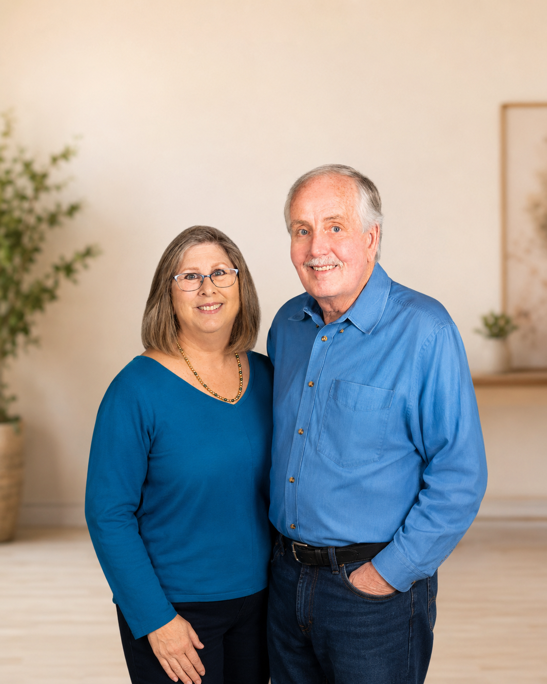 Professional portrait of the Morris Team real estate couple smiling together.