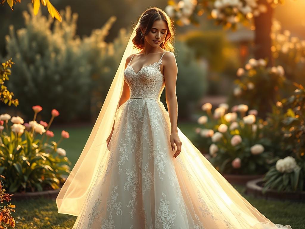 A beautiful bride wearing an Elegant Lace Bridal Gown, standing