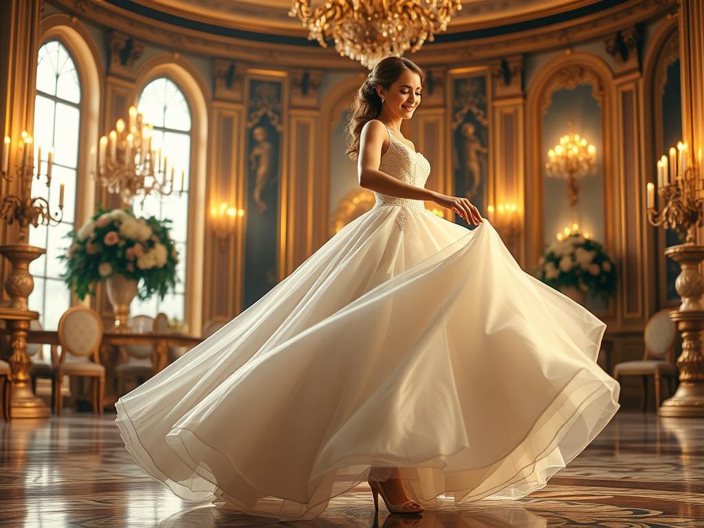 A bride wearing a Classic Ball Gown, twirling joyfully in