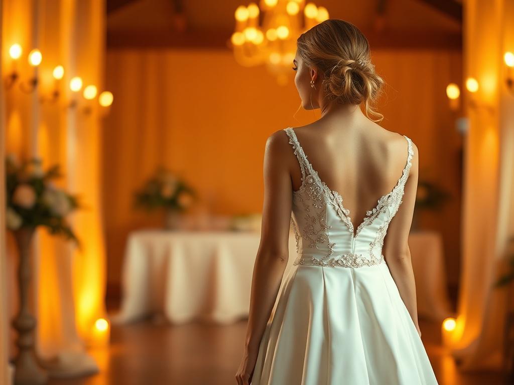 A bride in a Chic A Line Wedding Dress, standing