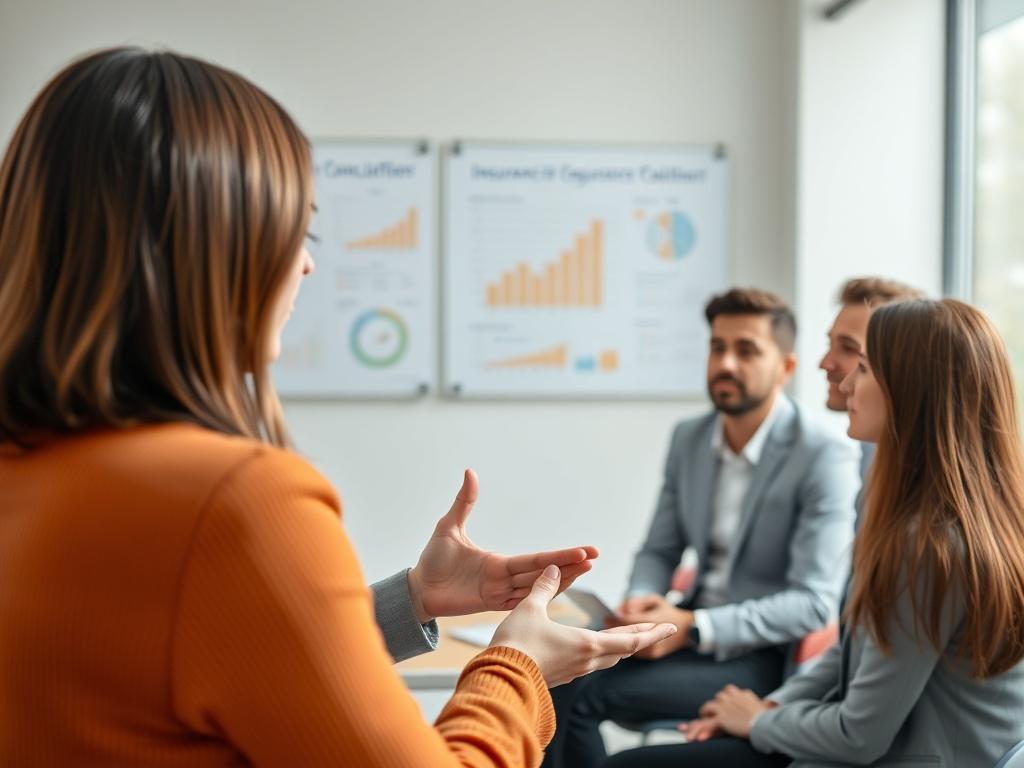 A realistic high-resolution photo of a professional insurance consultant engaged in a training session with a small group of attentive agency staff. The setting is bright and modern, depicting a well-organized office space with charts and graphs on a wall. The focus is on the consultant, who is gesturing confidently, with the agency staff showing interest and engagement. The composition is simple and clear, emphasizing the interaction, captured with a 45mm f/1.2 lens style.