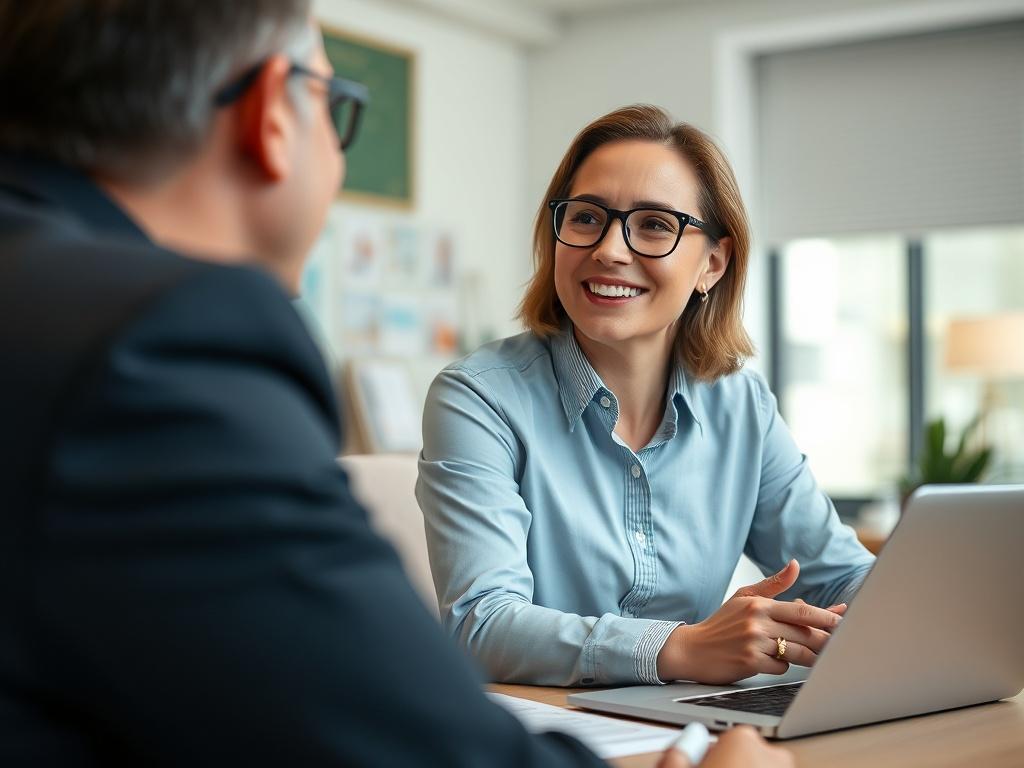 A close-up shot of a confident insurance agent in a professional setting, engaging with a client. The agent is smiling, showcasing a sense of trust and expertise. The background is softly blurred to emphasize the interaction, featuring modern office elements like a desk with insurance documents and a laptop. The image should have a warm and inviting color palette, compatible with the primary color rgb(51, 97, 113). The photo should be rendered in hyper-realistic detail with a 45mm f/1.2 lens style.