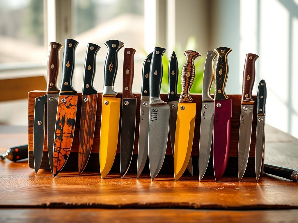 A vibrant image of a collection of unique knives displayed