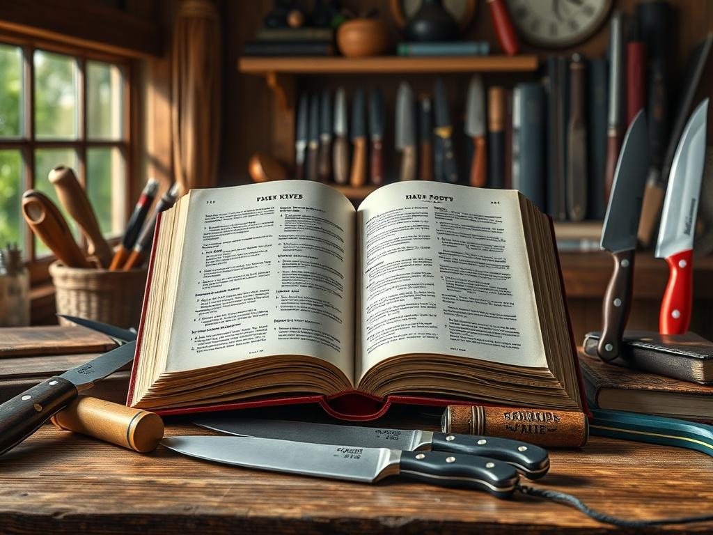 An engaging image depicting an open book about knives, surrounded