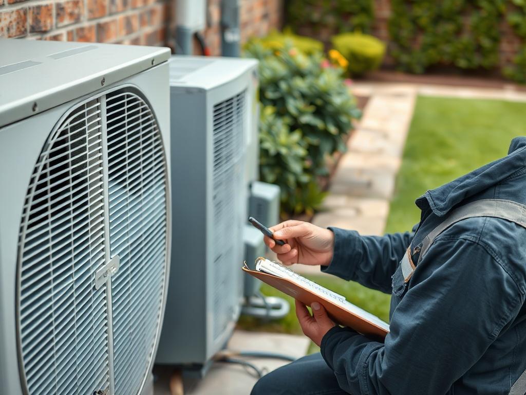 A technician performing maintenance on an HVAC unit outdoors