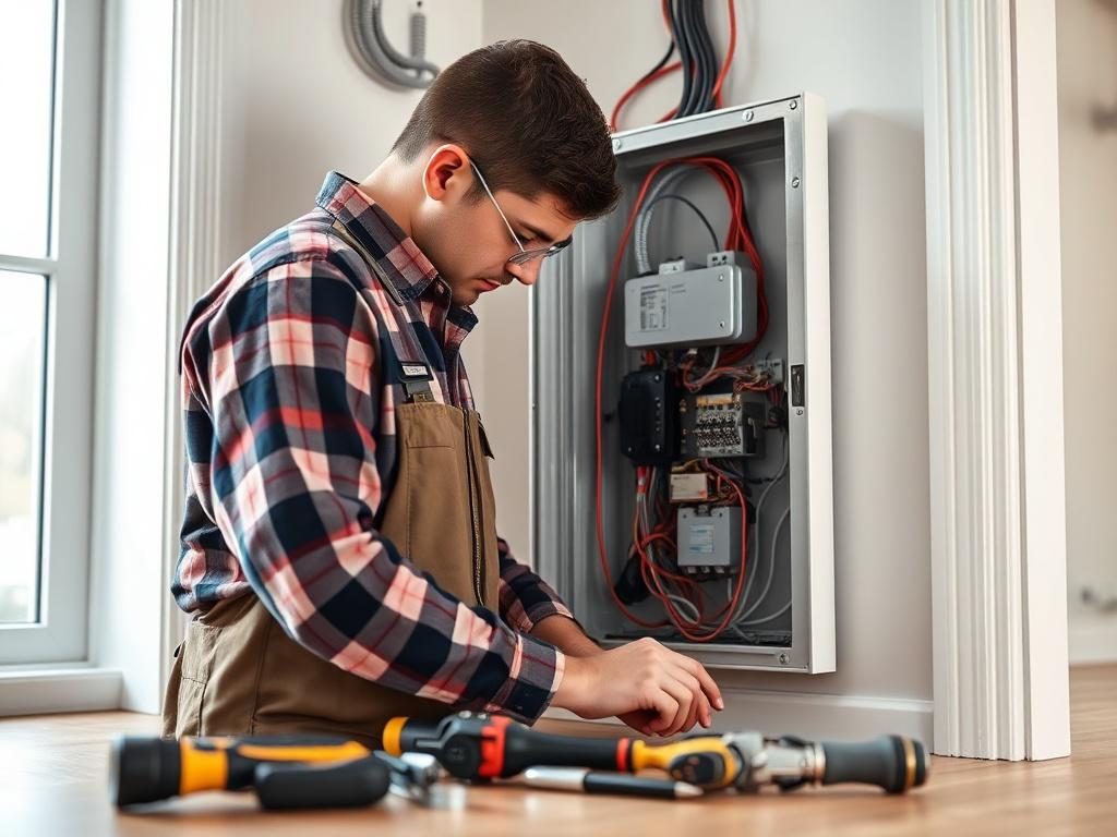 An electrician working on upgrading an electrical panel in a