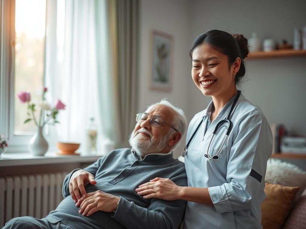 **AI Image Generation Prompt:**

Create a realistic high-resolution photo that captures the essence of cleanliness and a caring environment, reflecting the values of F.S.D. Care, a premier Home Care initiative under Anjveda Vikas Sansthan. The image should feature a serene and inviting setting, portraying a single subject: a compassionate caregiver in a tidy, well-lit room. 

The caregiver, an Asian woman in her 30s, should be gently assisting a senior client, showcasing warmth and attentiveness. She is tid