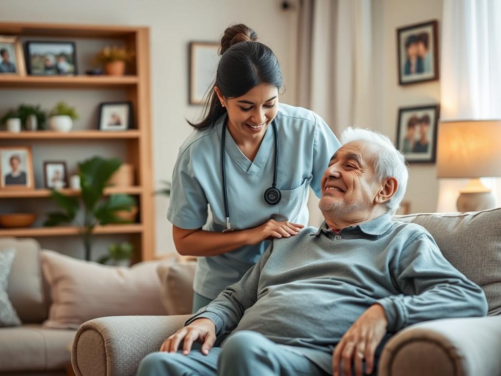 A caring caregiver assisting a senior person in a cozy