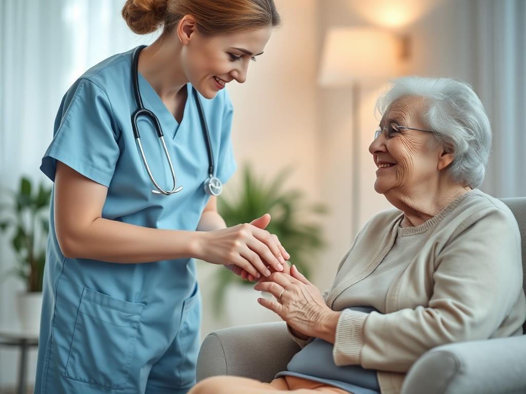 A compassionate nurse providing care to an elderly woman in a cozy and serene setting. The nurse, dressed in a soft blue uniform, gently holds the old lady's hand, offering comfort and support. The elderly woman, with a warm smile, appears relaxed and content. The background features soft lighting, with a few potted plants and a comfortable chair, creating a peaceful atmosphere that reflects compassion and care.