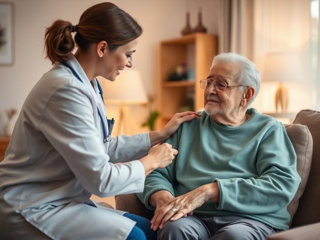 A serene home environment featuring a warm, inviting living room with a comfortable armchair and soft lighting. A caregiver gently assists an elderly person in a cozy setting, showcasing a caring interaction between the two. The background is softly blurred to emphasize the personal connection, with gentle tones and a peaceful atmosphere. The image should evoke feelings of safety, comfort, and compassion.