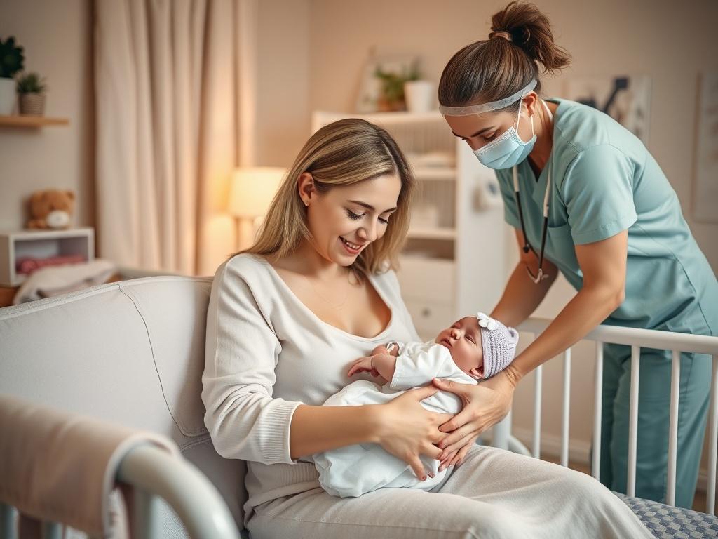 A caring scene of a mother cradling her newborn while a professional caregiver gently assists them in a softly lit nursery. The atmosphere is warm and inviting, filled with pastel colors and comforting decor, emphasizing the bond between mother and child.