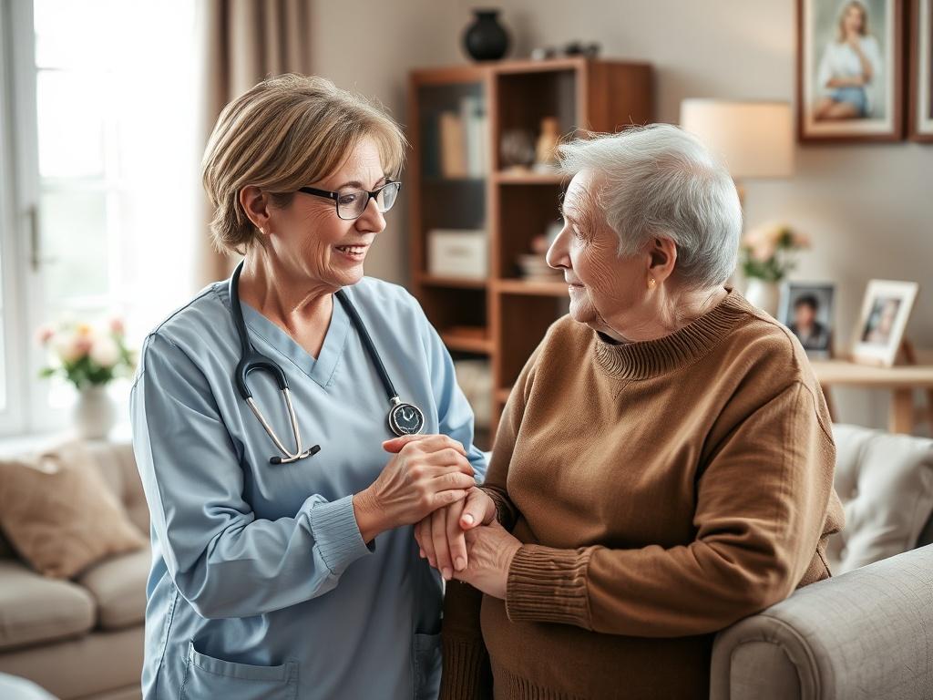 Create a realistic high-resolution photo that captures the essence of professional caregiving. The composition should feature a compassionate caregiver as the sole subject, interacting gently with an elderly individual in a warm and inviting home setting. The caregiver, a middle-aged woman with a kind expression, is holding the hand of the elderly person, conveying warmth and empathy. 

In the background, softly lit, there should be elements that signify a homey atmosphere, such as a comfortable armchair an