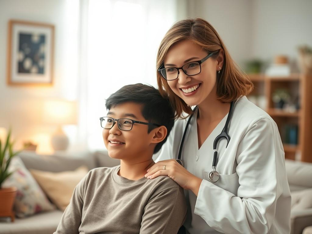 A compassionate nurse providing care to a mentally challenged teenager in a serene home environment. The nurse is smiling warmly while assisting the teen with a gentle hand on their shoulder. The background is softly lit, featuring calming colors and homey decor, creating a peaceful atmosphere. The focus is on the connection between the nurse and the teenager, emphasizing care, support, and understanding.