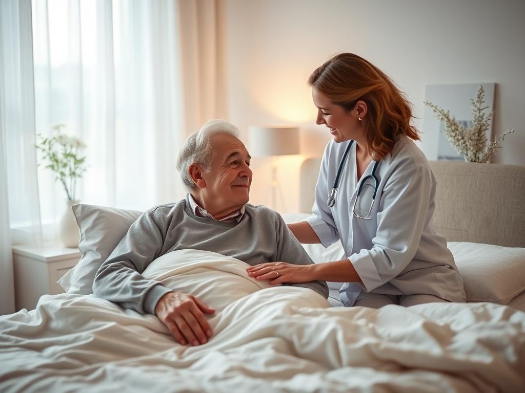 A serene bedroom setting with a single caregiver gently assisting an elderly person in bed, showcasing a warm and compassionate atmosphere. The caregiver is smiling and providing comfort, while the elderly individual appears relaxed and at ease. Soft, gentle lighting enhances the peaceful ambiance, with soft tones and minimalist decor in the background, creating a nurturing environment.