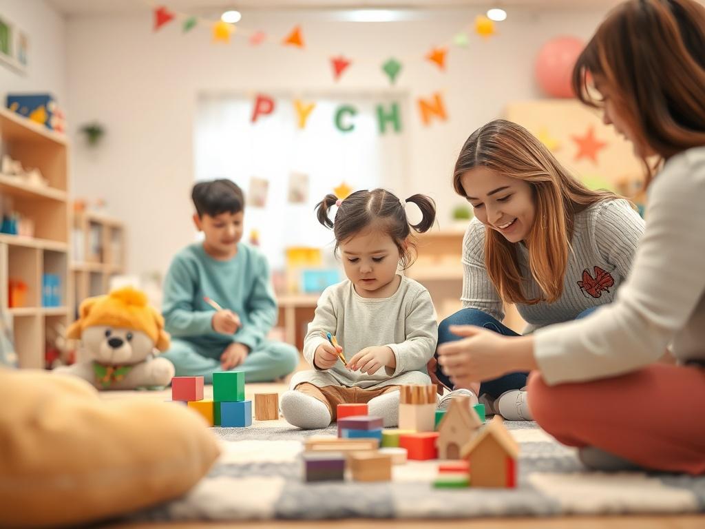 A warm and inviting indoor play area designed for children, featuring soft toys, educational materials, and colorful decorations. The focus is on a single child, a young girl, engaged in a creative activity like painting or building blocks, surrounded by nurturing caregivers who are actively participating and encouraging her. The lighting is soft and gentle, creating a peaceful atmosphere that promotes learning and growth.