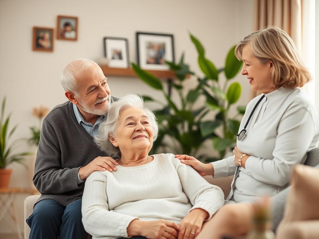 A serene elderly person sitting comfortably in a cozy living room, with a compassionate caregiver beside them, engaging in a friendly conversation. The room is softly lit with gentle colors, showcasing a peaceful atmosphere with plants and family photos in the background.