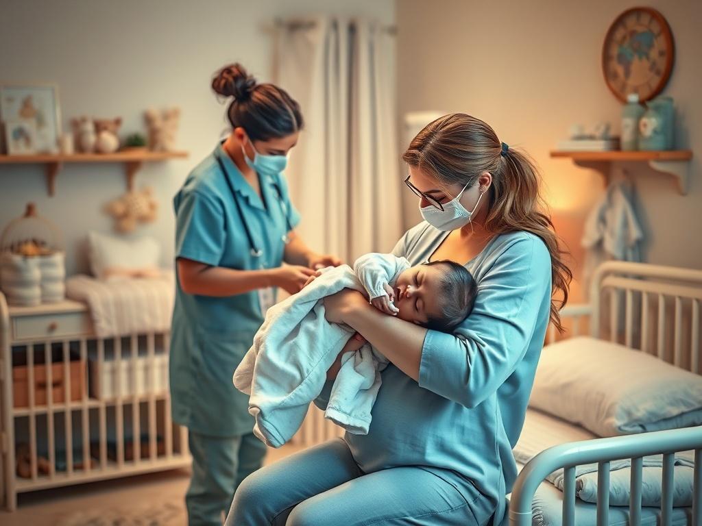 A warm and inviting scene of a mother holding her newborn baby with a caregiver nearby, offering assistance. The setting is a cozy nursery filled with soft lighting, gentle colors, and baby essentials, creating a peaceful atmosphere.