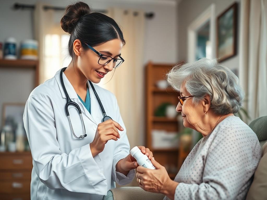 A focused medical attendant assisting a patient with medication in a well-lit home environment, demonstrating care and professionalism. The setting includes medical supplies and a warm, welcoming atmosphere.