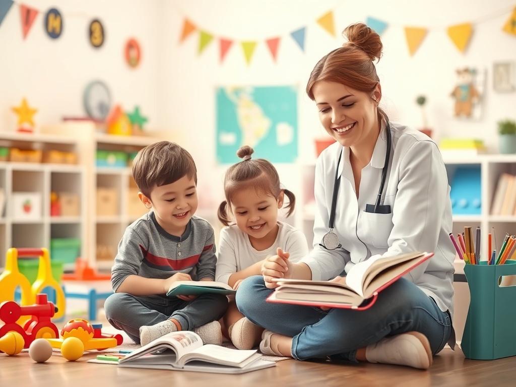 A compassionate caregiver sitting on the floor with a child, surrounded by educational toys and books. The caregiver is helping the child with homework, smiling warmly. The background features a bright, cheerful room with soft lighting, colorful decorations, and a peaceful atmosphere. The scene conveys a sense of safety, support, and nurturing.