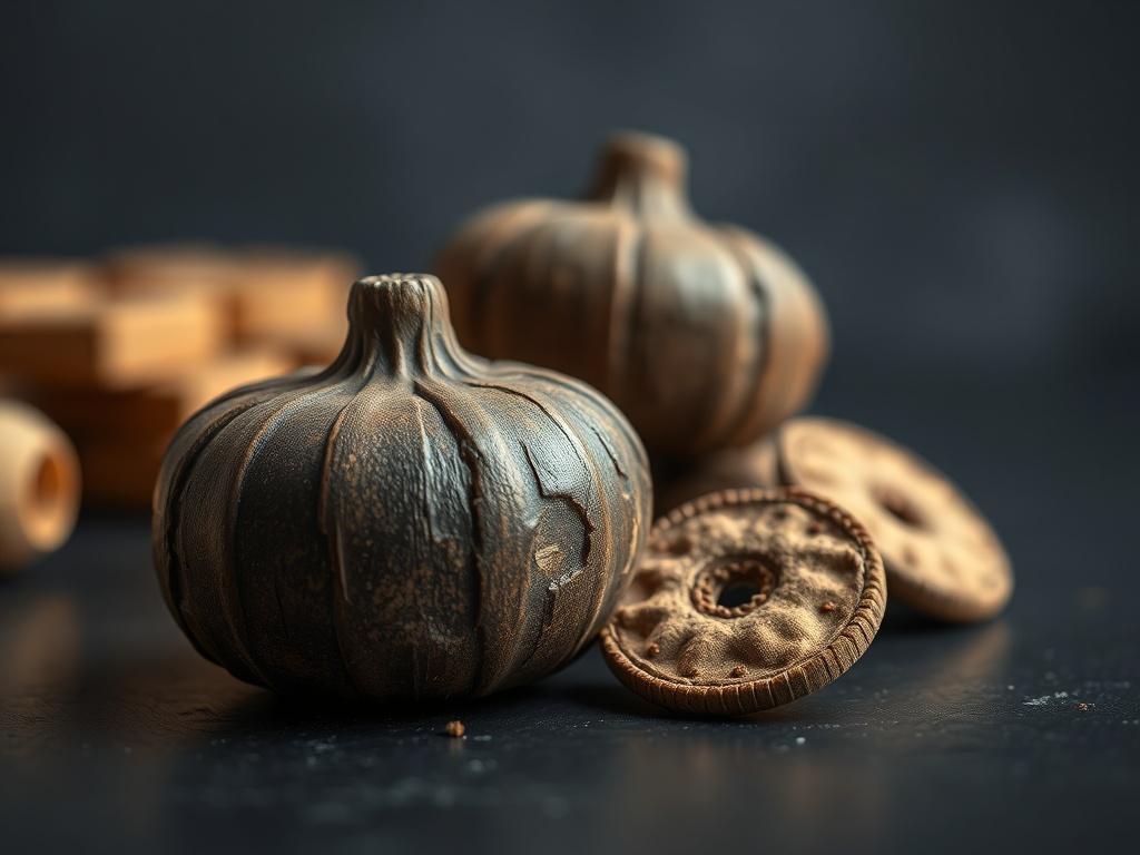 A hyper-realistic close-up shot of Biokohle Briketts, showcasing their texture and color. The briketts should be prominently displayed on a clean, dark surface, with soft lighting to highlight the details. The background should be slightly blurred to emphasize the briketts as the main subject. The composition should be simple and clear, focusing only on the briketts.