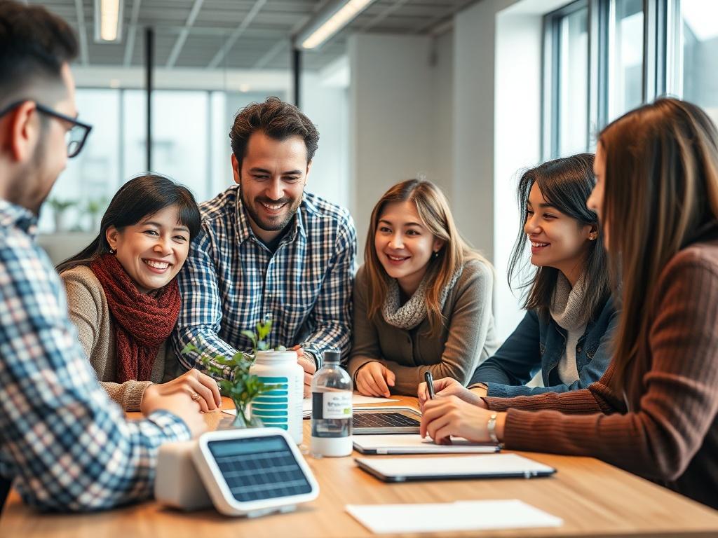 A close-up shot of a family business team in an office setting, showcasing diversity and collaboration. The team is engaged in a discussion around a table with sustainable energy products around them. The background is bright and modern, highlighting a professional atmosphere. The image should be in high-resolution, captured with a 45mm f/1.2 lens style, focusing on the expressions and interactions among team members.