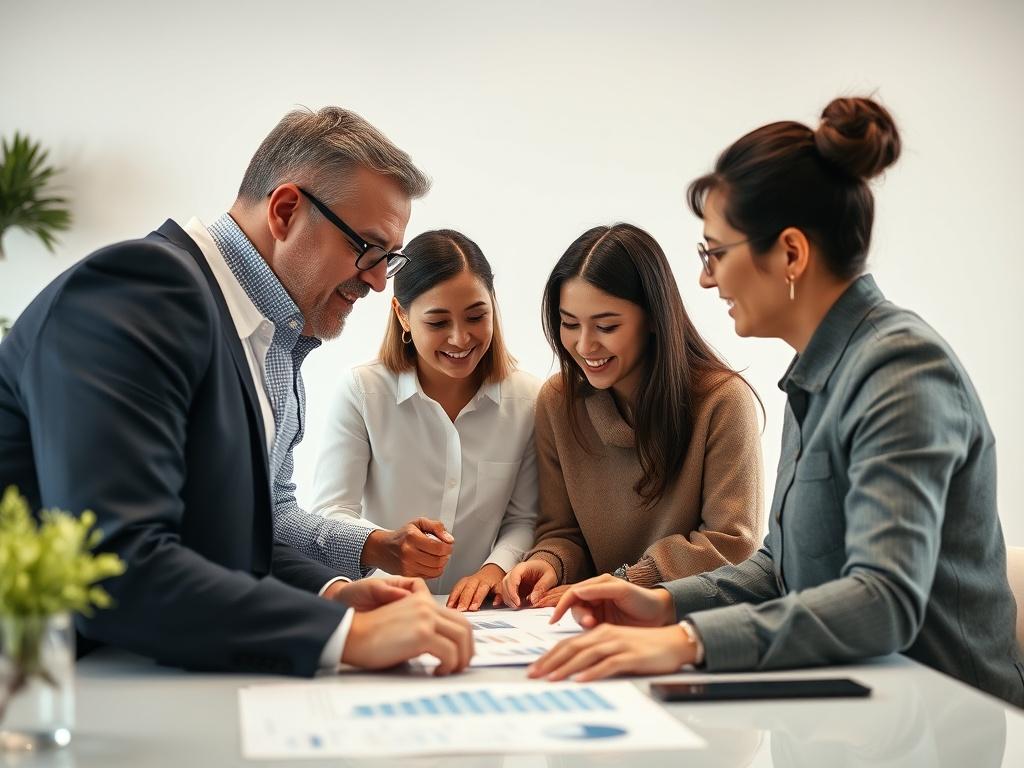 A close-up shot of a family business team working together in an office setting, displaying a modern and professional atmosphere. The team is engaged in a discussion, with charts and data displayed on the table. The background should be simple and clear, emphasizing collaboration and innovation. The image should be hyper-realistic, captured with a 45mm f/1.2 lens, and color tones should be compatible with rgb(4, 104, 120).