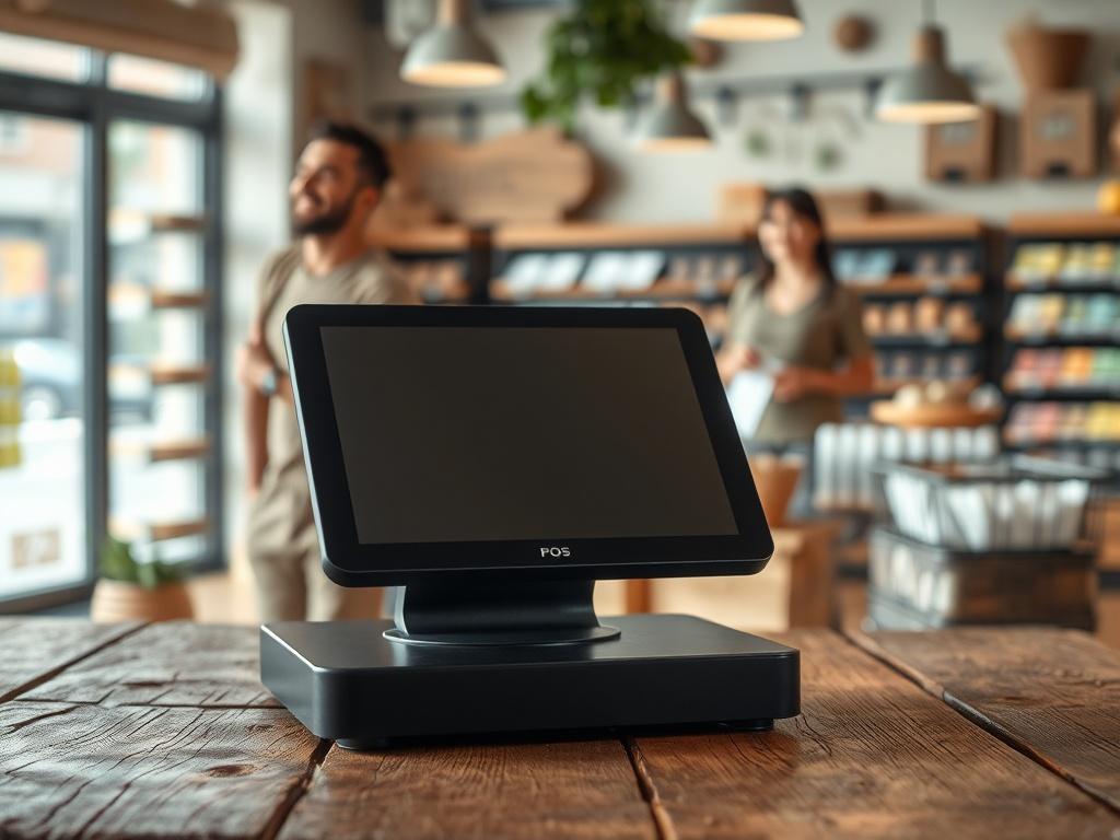 A sleek, modern POS system displayed on a rustic wooden