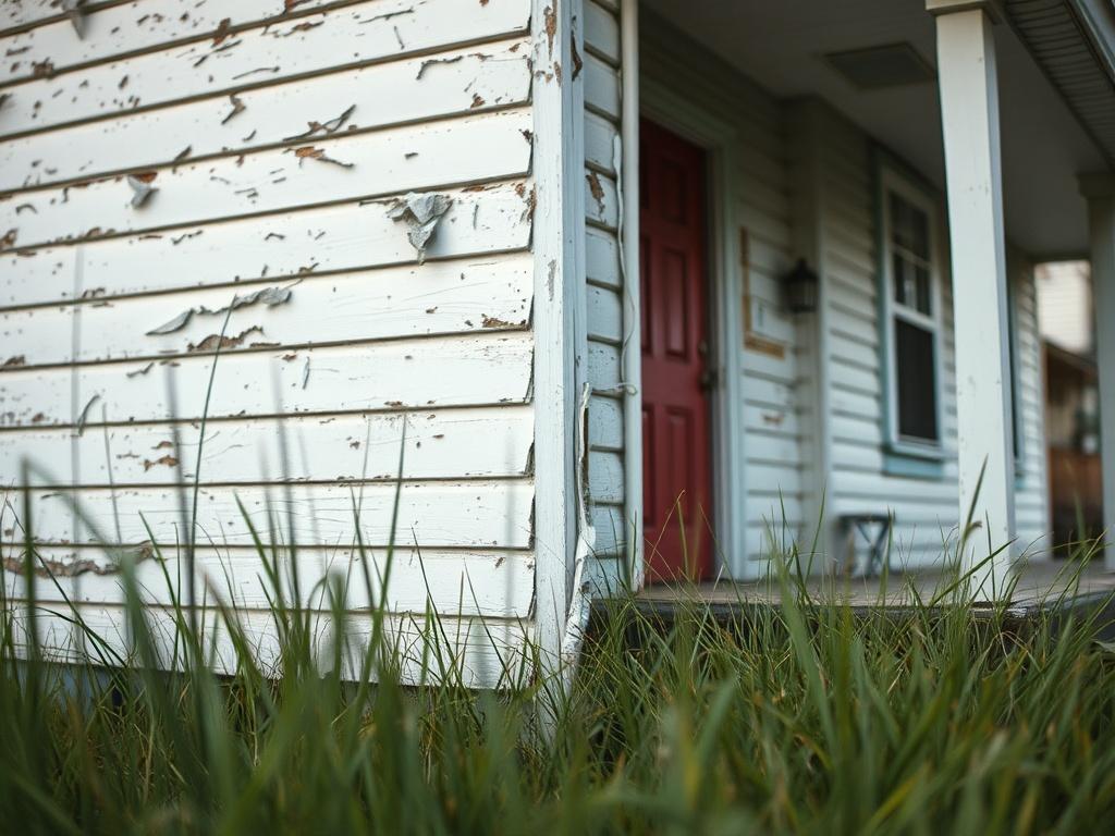 A close up shot of a distressed house exterior, showcasing