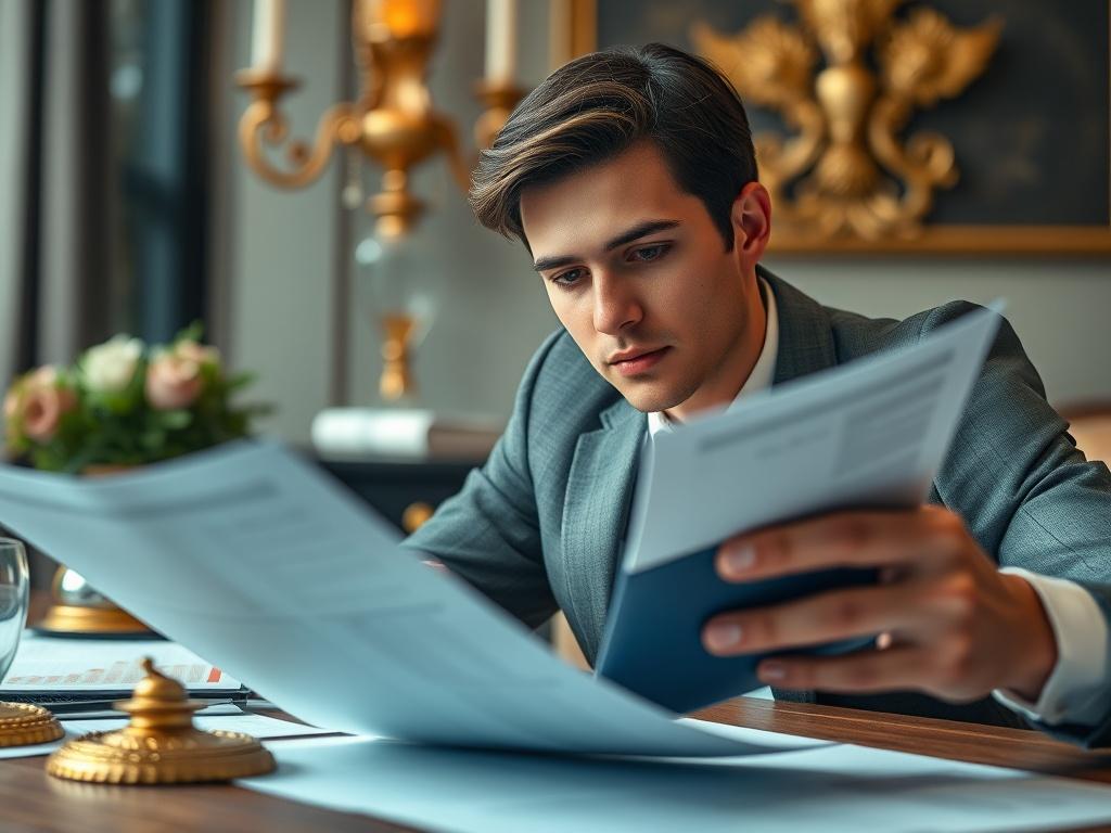 An individual reviewing financial documents with a calculator, looking focused and determined. The background should reflect a professional workspace with elements of royalty, such as gold accents, emphasizing the importance of tax planning.