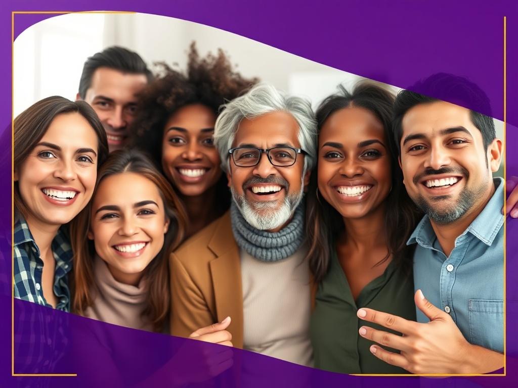 A close-up shot of a diverse group of people, smiling and celebrating together, symbolizing financial success and credit improvement. The background should be softly blurred, focusing on their happy expressions, with a royal purple outline and gold accents to reflect the brand's identity.