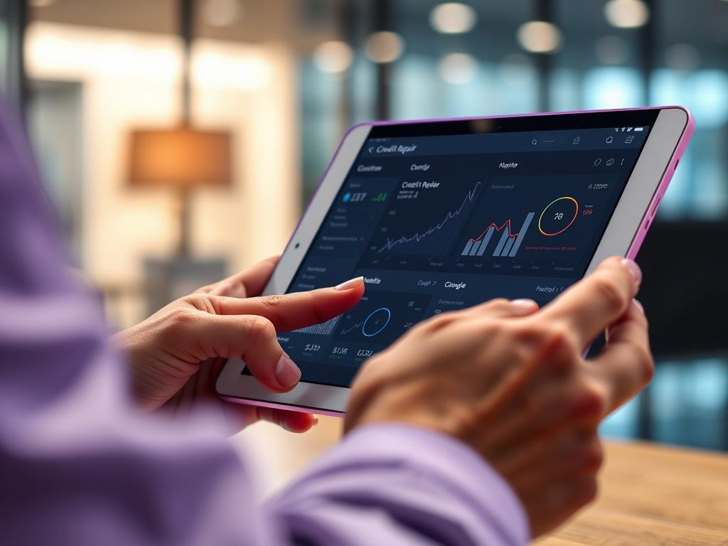 A close-up of a person engaging with a tablet displaying a credit repair tool interface, with visual data and graphs. The setting should be modern and sleek, with a royal purple outline, symbolizing innovation and progress.