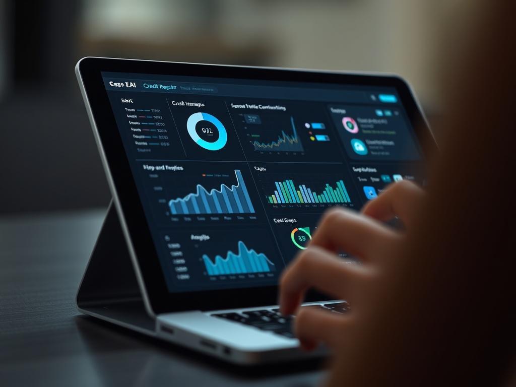 A close-up shot of a high-tech AI credit repair tool interface displayed on a modern device. The screen shows graphs, analytics, and user-friendly features, surrounded by a sleek black background that enhances the tool's digital appeal. The composition highlights the innovation behind the product.