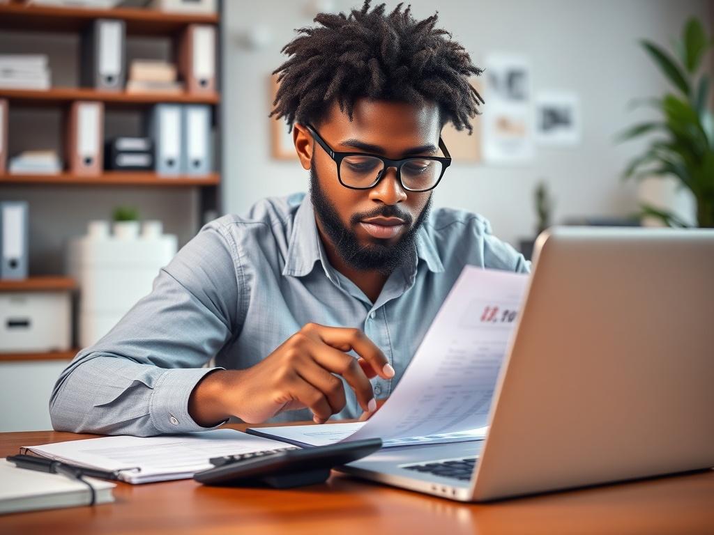 A vibrant image of a Black entrepreneur reviewing financial documents at a desk, with a calculator and a laptop. The background should be a well-organized workspace, reflecting success and professionalism.