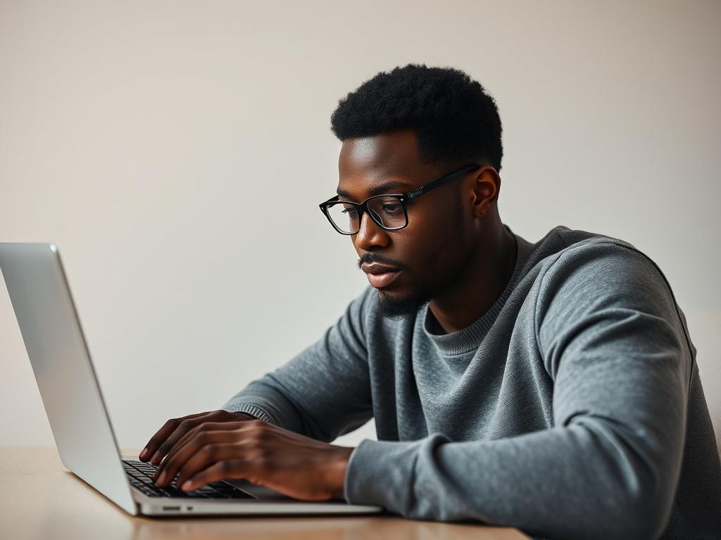 A focused shot of a Black individual using a laptop, engaging with an AI credit management tool. The background should be minimalistic, emphasizing the tech aspect and a sense of personal growth.