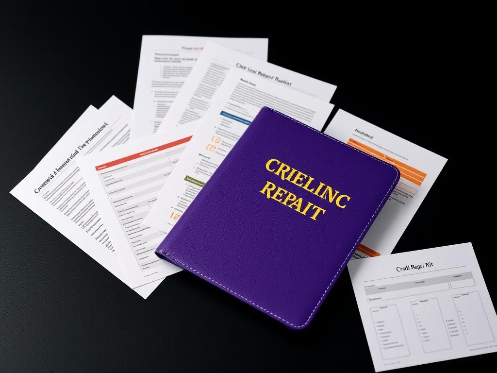 A close-up shot of a high-quality, well-organized credit repair kit laid out on a sleek black background. The kit includes various documents, templates, and a stylish purple folder. The lighting highlights the textures of the materials, with a focus on the purple and gold theme, creating an inviting and professional appearance.