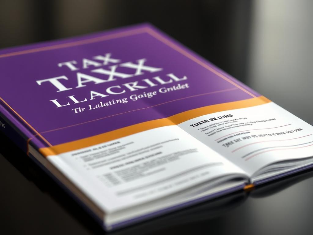 A high-resolution close-up of a stylish tax planning guide, featuring a sleek cover design with royal purple and gold accents. The guide is opened to reveal organized content, with a clean layout on a black surface. The lighting emphasizes the sophistication of the materials, inviting viewers to explore its contents.