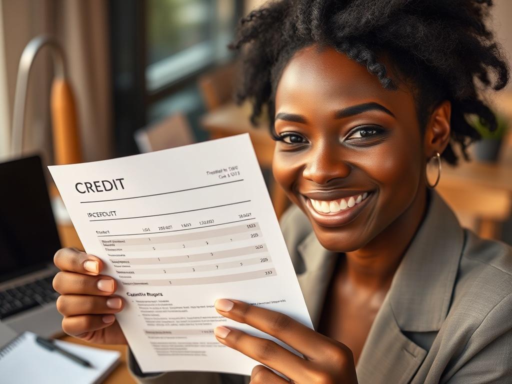 A close-up shot of a young Black professional smiling, holding a credit report with visible improvement in scores. The background should be a cozy office setting with notes and a laptop. Use warm lighting to emphasize positivity and success.