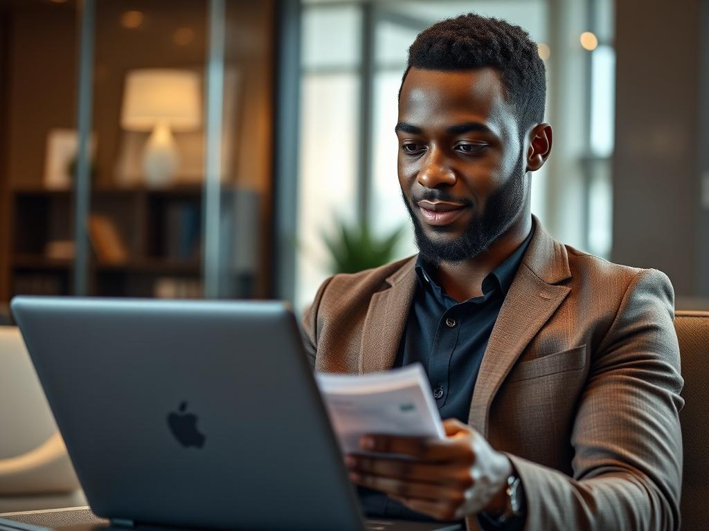 A close-up shot of a confident Black individual reviewing their credit report with a laptop in a stylish office setting, showcasing determination and success. The background should be soft-focused with warm tones to emphasize a professional atmosphere.