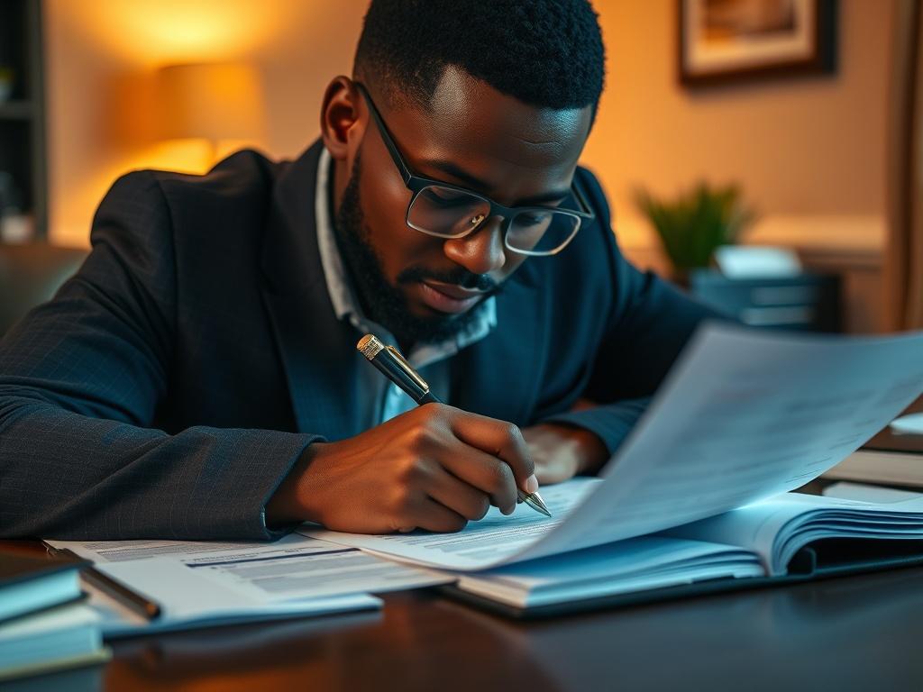 A close-up shot of a Black individual writing a dispute letter at a desk, surrounded by credit report documents, with a determined expression. The background should be warm and inviting, highlighting a sense of focus and professionalism.