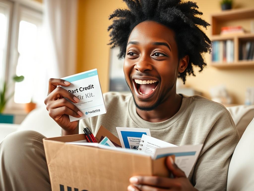 A close-up shot of a Black individual excitedly unboxing the Credit Repair Kit at home, surrounded by helpful materials and tools. The background should be bright and cheerful, emphasizing a sense of hope and empowerment.