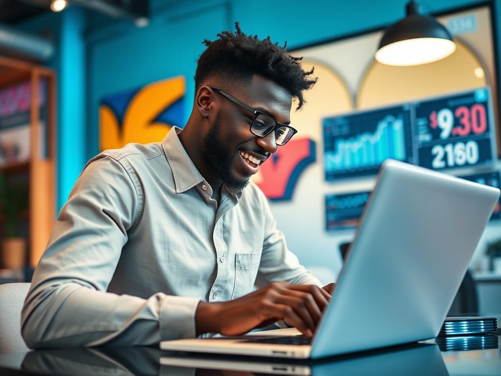 A close-up shot of a Black entrepreneur analyzing digital sales data on a laptop in a trendy workspace, showcasing excitement and strategic thinking. The background should be vibrant and modern, representing a tech-savvy environment.